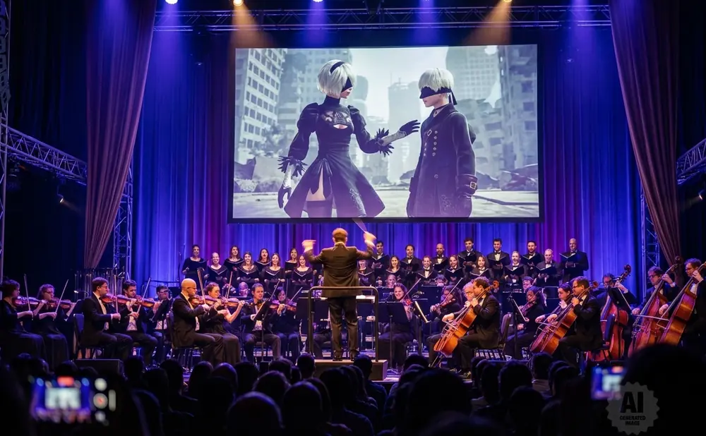 An orchestra and choir perform in front of a large screen displaying characters from the game NieR: Automata.