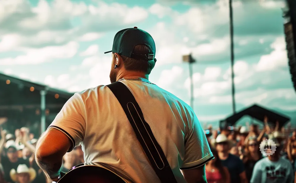 Man with guitar on stage, facing crowd with arms raised, under a cloudy sky.