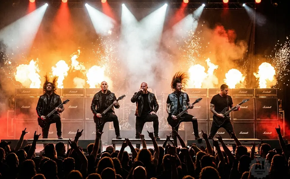 A metal band performs on a stage with fire and sparks erupting behind them, as an excited crowd cheers.