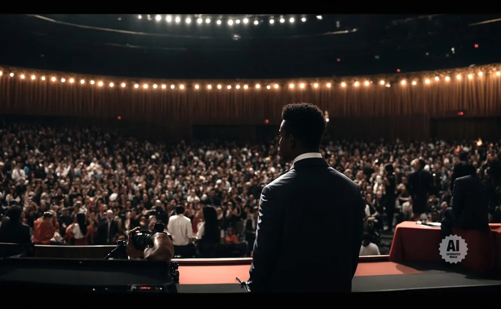 Man in a suit stands on stage, facing a large, dimly lit audience in an auditorium.