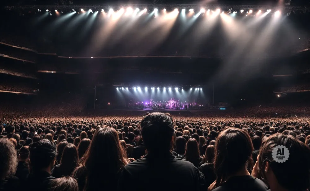 A packed stadium audience watches a brightly lit band perform on stage.