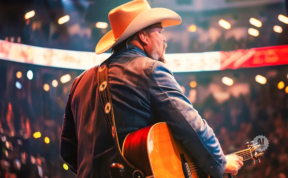 Musician in a cowboy hat plays guitar on stage with a blurred audience and lights in the background.