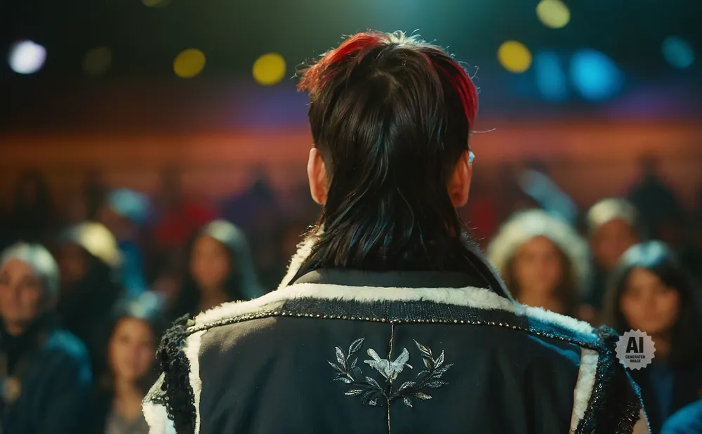 A person with a mullet and red streaks in their hair faces away from the camera, wearing a black jacket with embroidered branches and a bird.