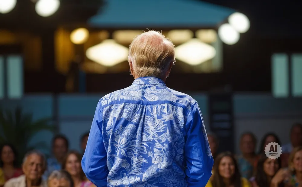 Man in a blue Hawaiian shirt facing away from the camera, addressing an audience.