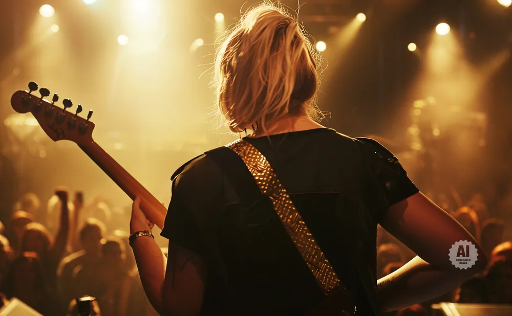 A guitarist plays on stage, silhouetted by bright lights, with a cheering crowd in the background.