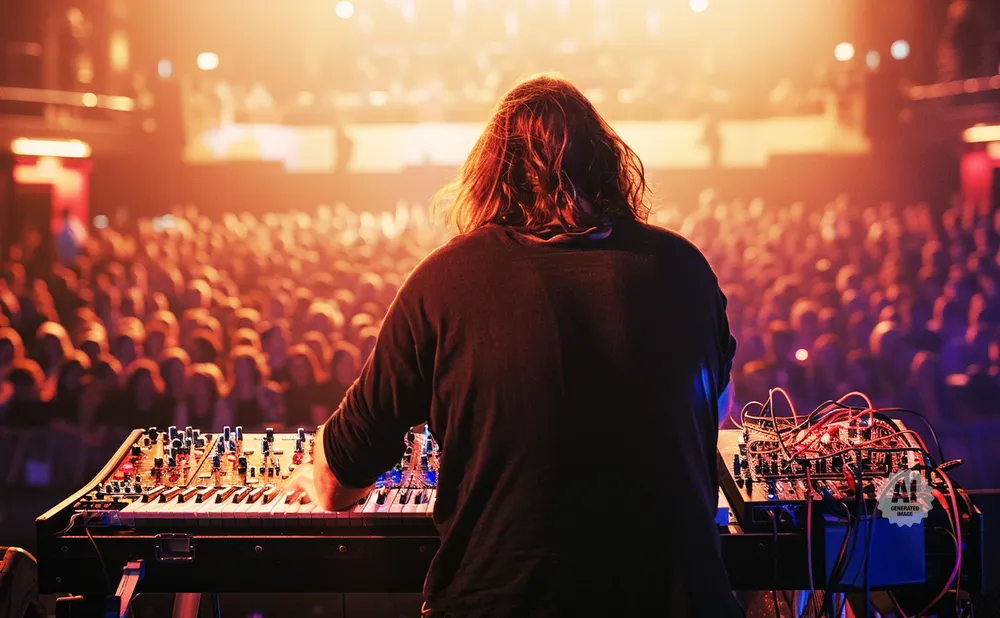 Musician with long hair plays synthesizer on stage in front of a large, cheering audience.