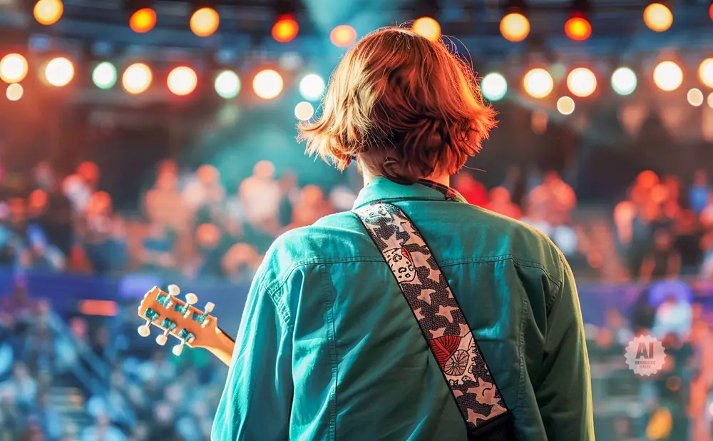 A person from behind plays a guitar on stage with blurred lights and audience in the background.