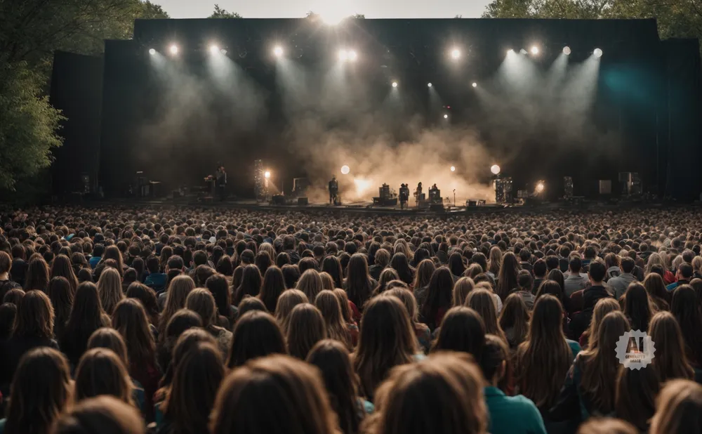 A large crowd watches a band perform on a stage lit by smoke and spotlights.