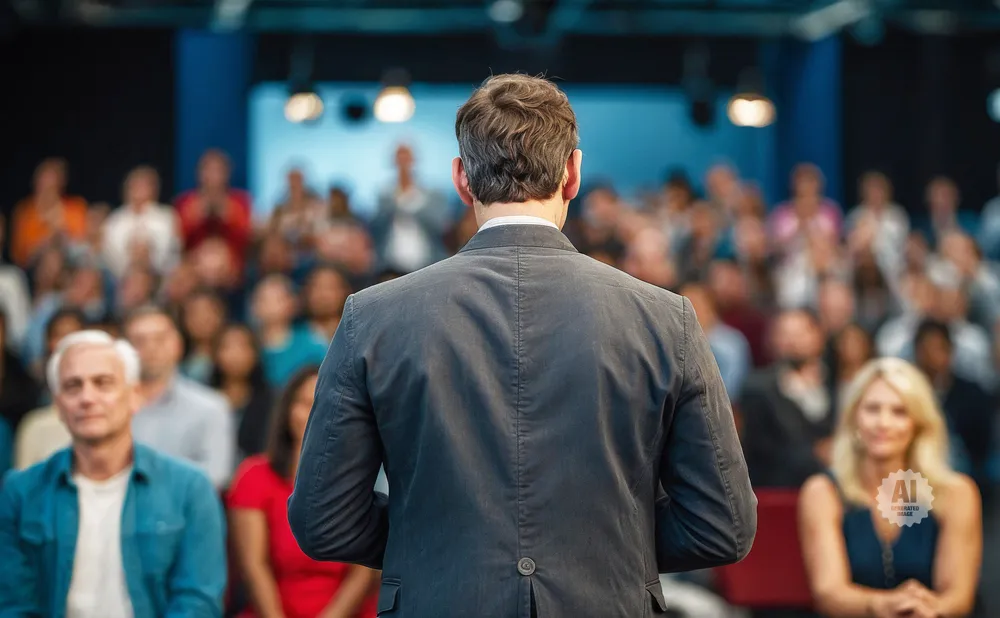 A speaker faces away from the camera, addressing an audience in a dimly lit auditorium.