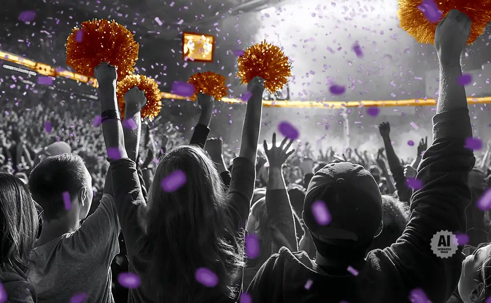 People cheer with orange pom-poms at a concert with purple confetti falling.