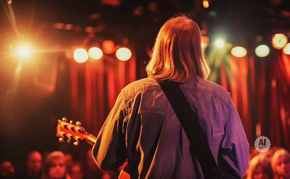 Guitarist on stage with red curtains and lights, playing for a blurred audience.
