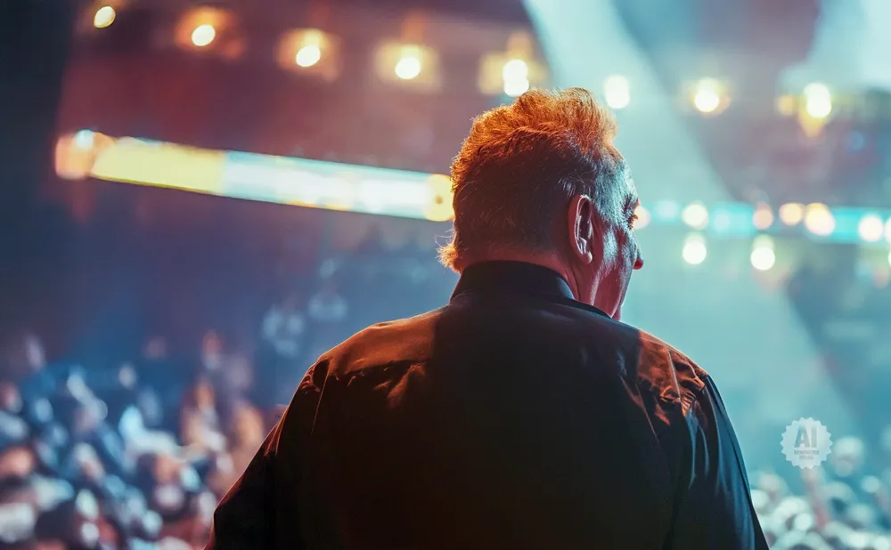 Man in black shirt on stage looking at blurred crowd under stage lights.