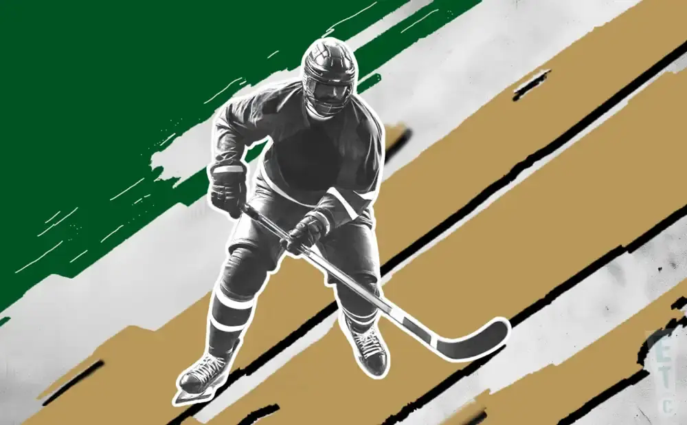 A black and white hockey player in motion against a colorful, abstract background.