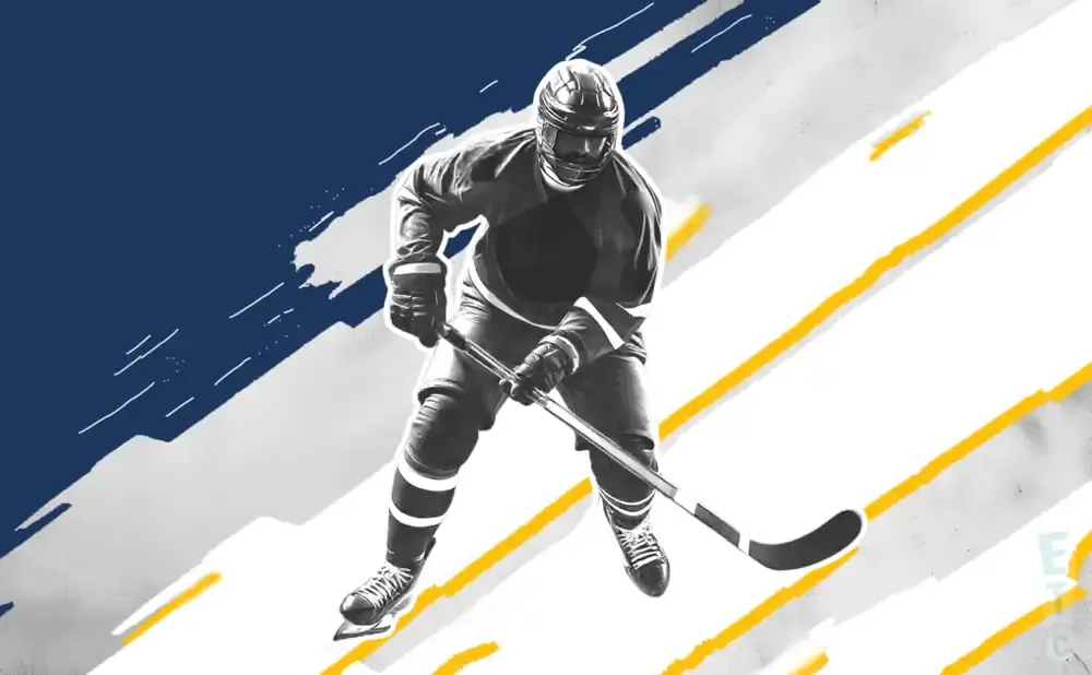 Black and white hockey player in action with blue and yellow graphic accents.