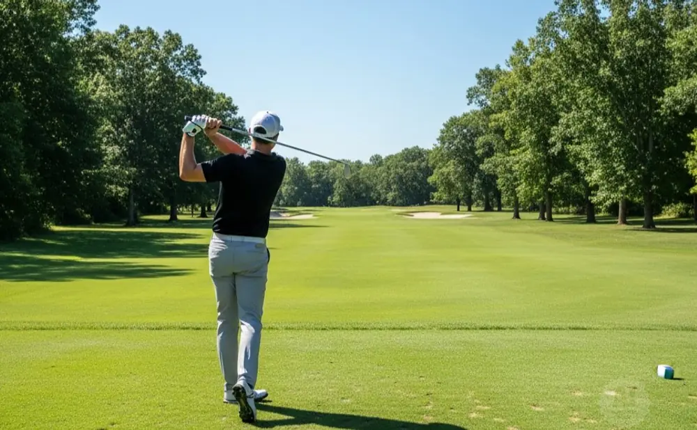 Golfer mid-swing on a lush golf course, facing a fairway lined with trees.