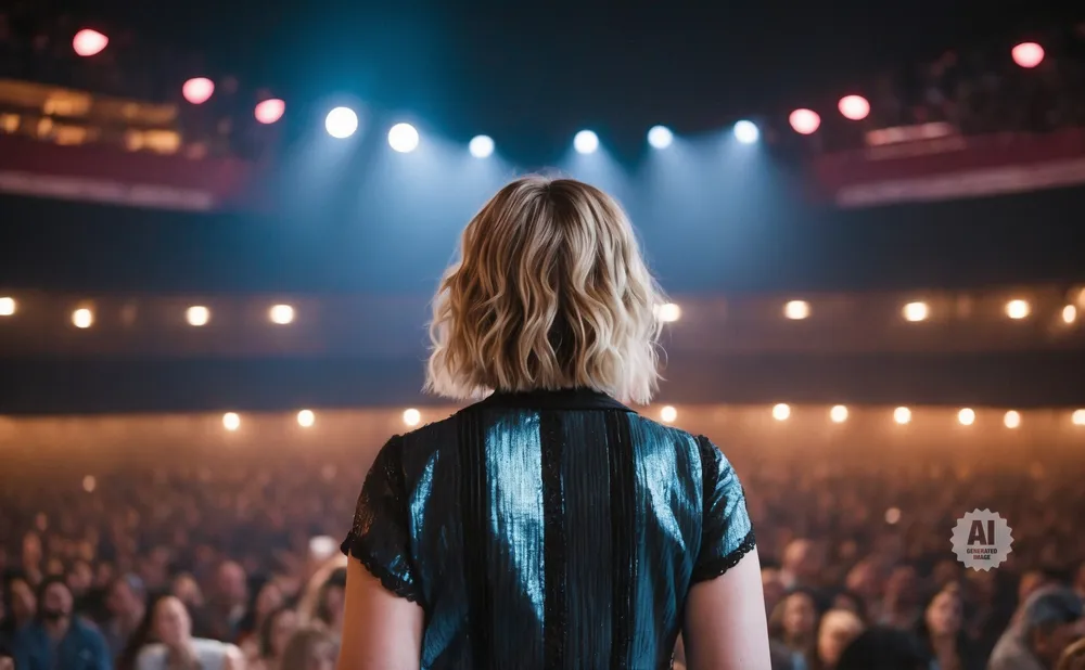 A woman with blonde, wavy hair stands on a stage, facing a cheering audience, illuminated by stage lights.