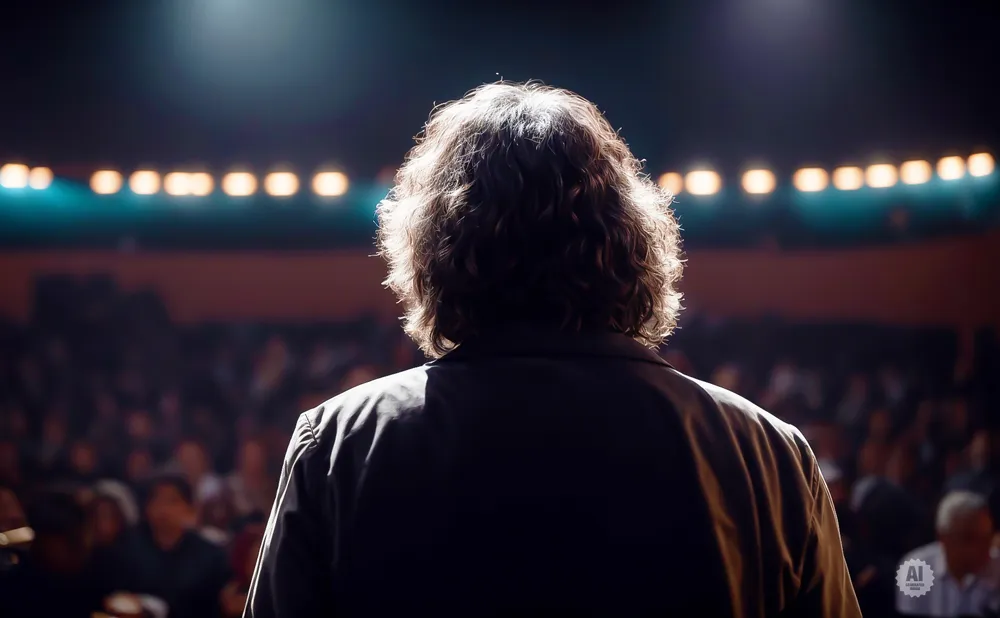Person with curly hair on stage, back to camera, facing audience with lights above.