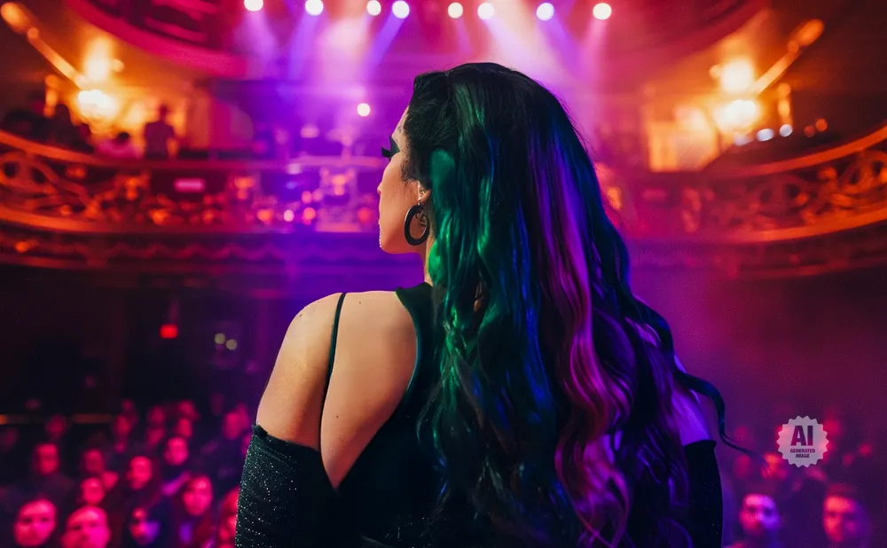 A person with colorful hair on stage in a theater, with audience members visible.