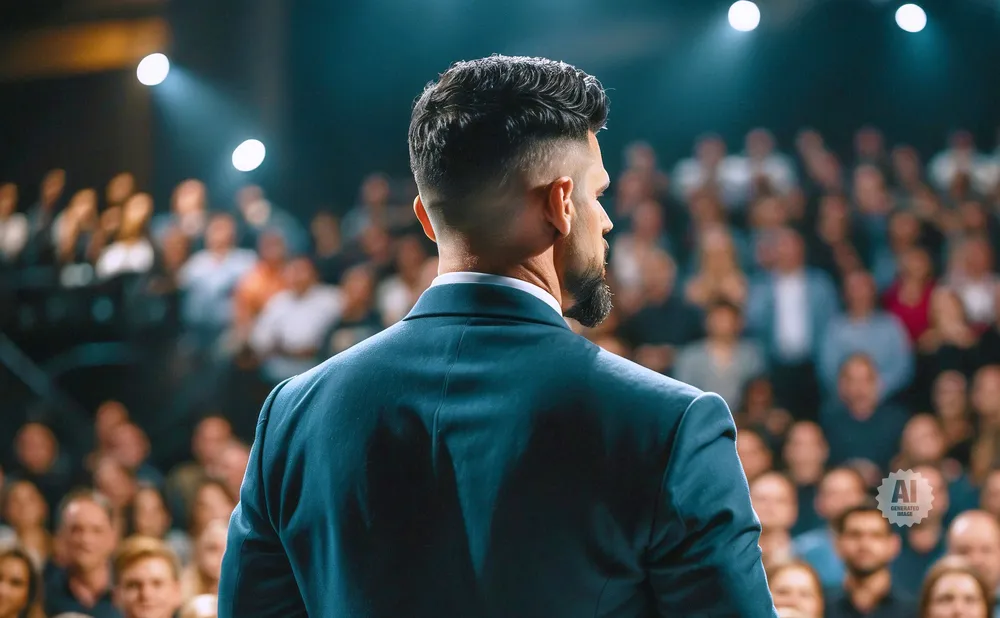 A man in a suit speaks to a blurred audience under spotlights.