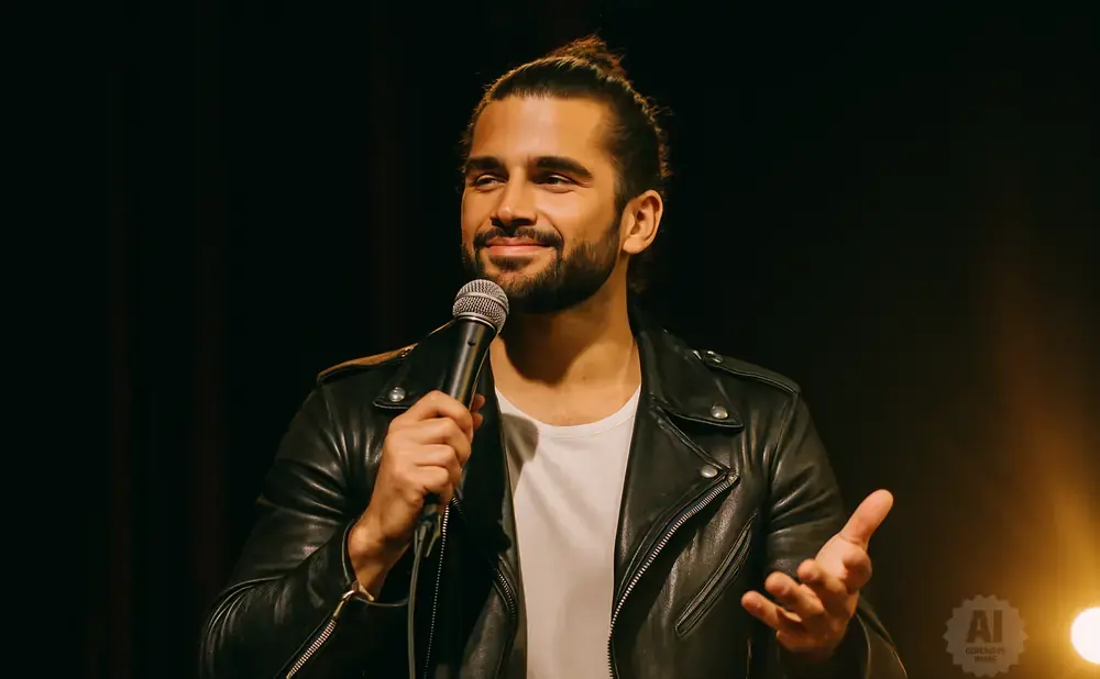A man with dark hair in a bun, wearing a black leather jacket, smiles and holds a microphone.