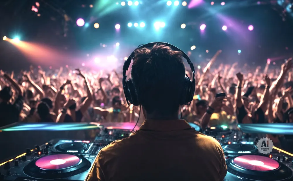 DJ with headphones plays music for a cheering crowd in a dimly lit club with colorful lights.