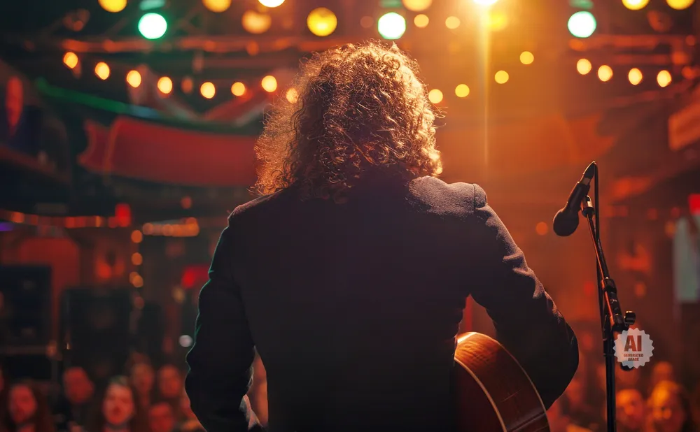 Musician with curly hair plays guitar on stage with a microphone and audience in the background.