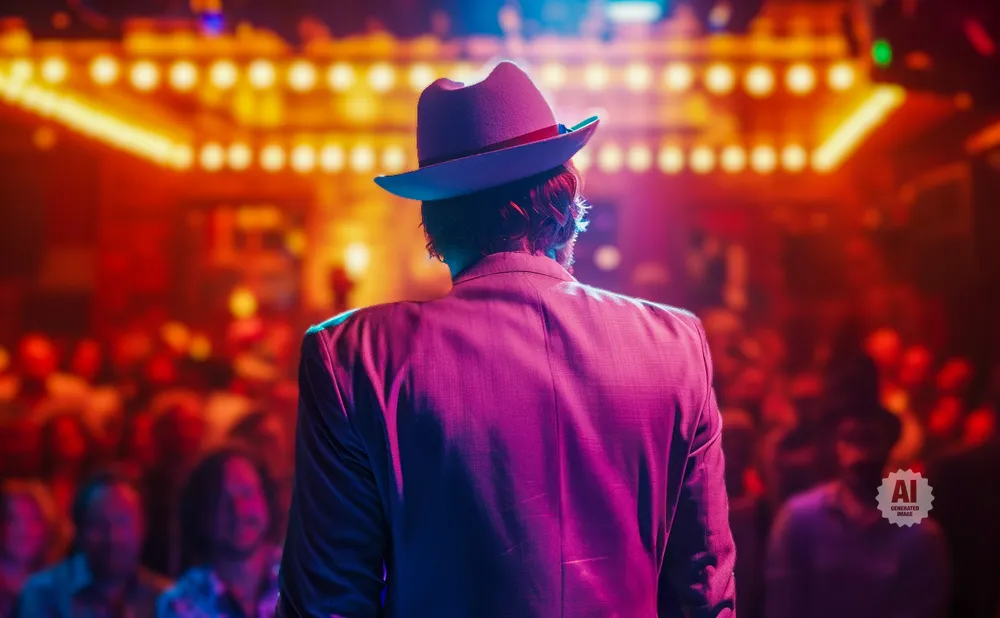 Man in a fedora and suit stands with his back to the camera, facing a crowd and bright stage lights.