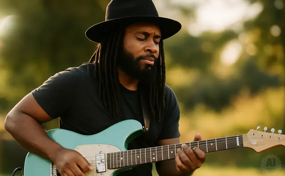 Man with dreadlocks and a hat plays a teal electric guitar outdoors.