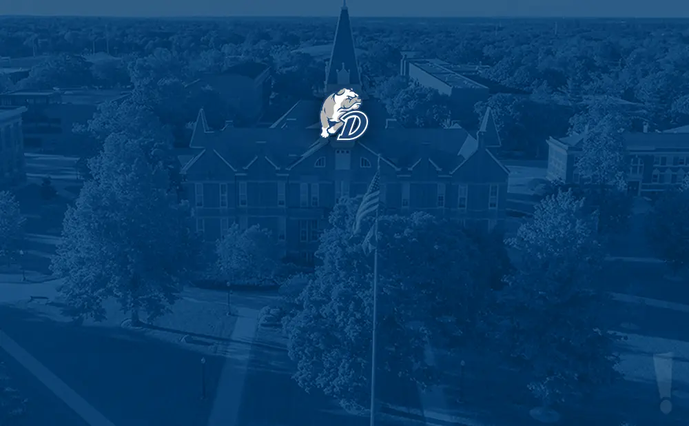 Aerial view of Drake University campus with bulldog mascot logo.