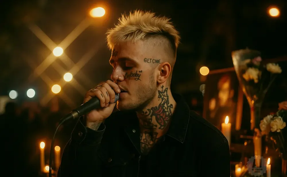 A man with blonde spiky hair and face tattoos sings into a microphone, with candles and flowers in the background.