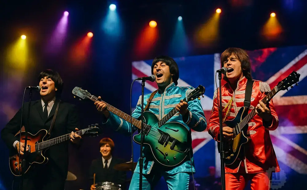 A Beatles tribute band performs on stage in colorful outfits with a Union Jack backdrop.