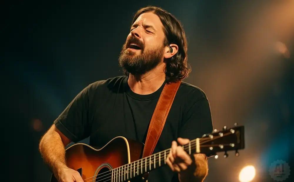 A man with long brown hair and a beard plays an acoustic guitar on stage, eyes closed in song.