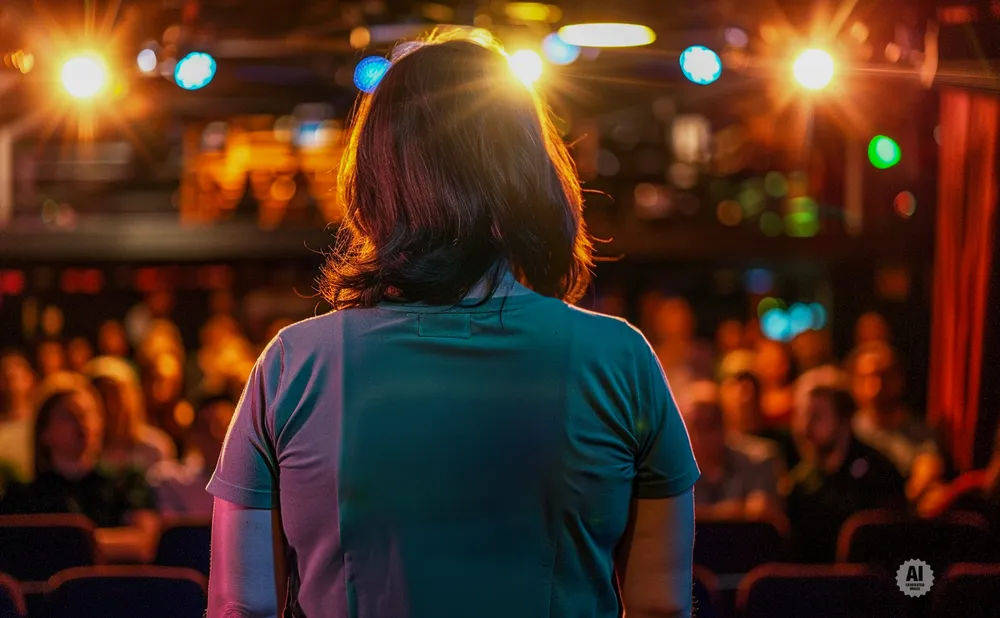 Back of a person on a stage, facing a blurred audience with bright stage lights.