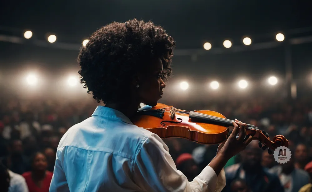 A Black woman plays the violin on stage in front of a blurry audience, illuminated by spotlights.