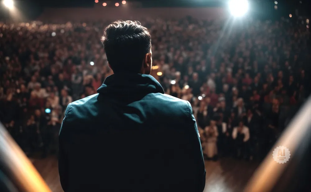A person in a dark jacket stands on a stage facing a large, blurry audience.