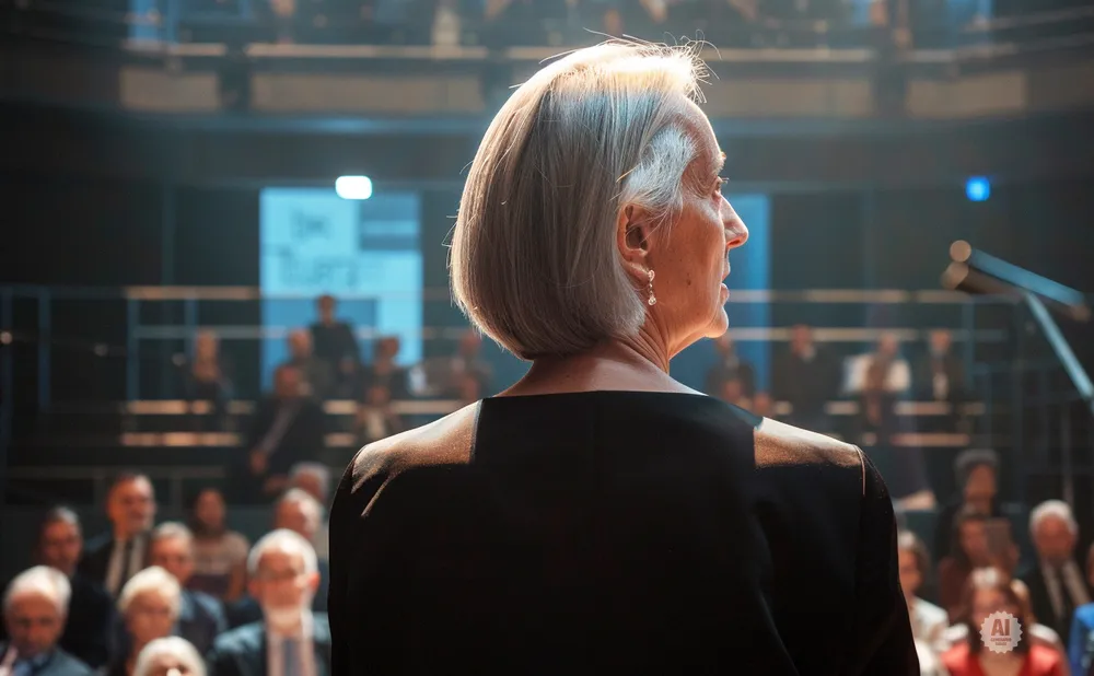 A woman with gray hair speaking at a podium to an audience.
