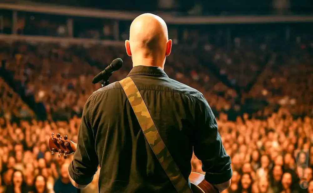 Bald man playing guitar on stage in front of a large crowd.