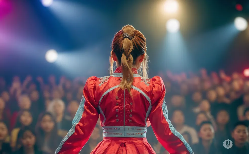 A performer in a red outfit faces a blurry audience under stage lights.