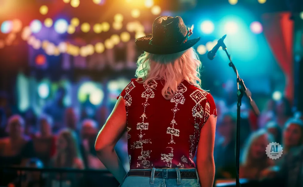 Woman in a cowboy hat and red patterned shirt on stage facing an audience.