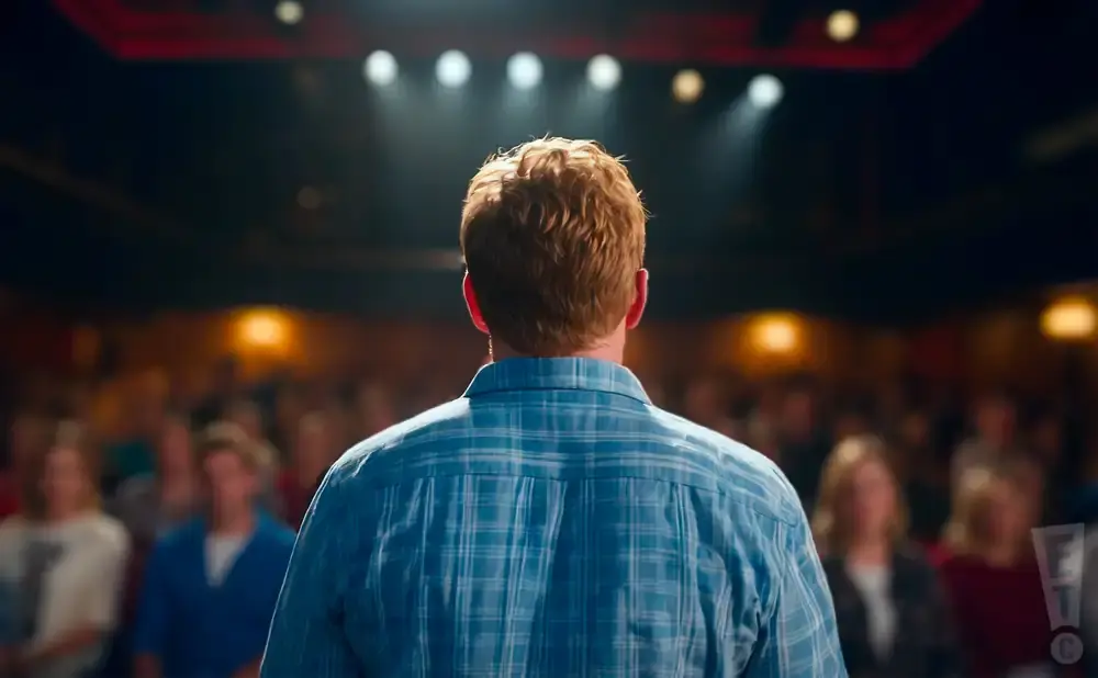 A man in a blue plaid shirt faces away from the camera, addressing an audience in a dimly lit auditorium.