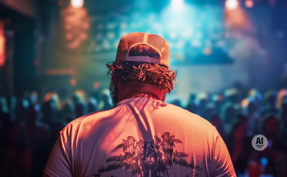 Man in a baseball cap and t-shirt with palm trees on it stands in front of a blurred crowd at a concert.