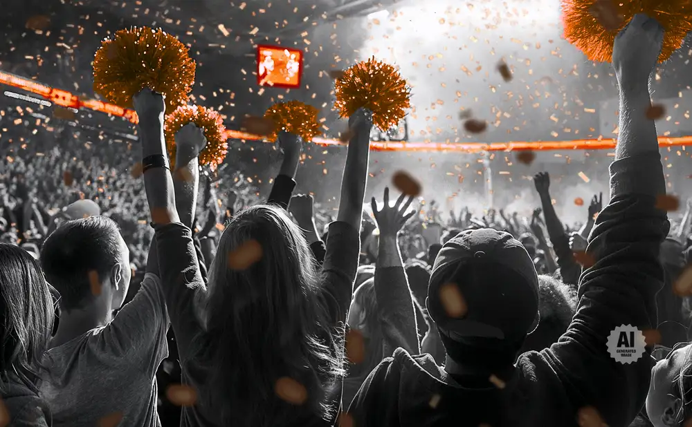 Crowd at a sporting event holding orange pom-poms, with confetti falling.