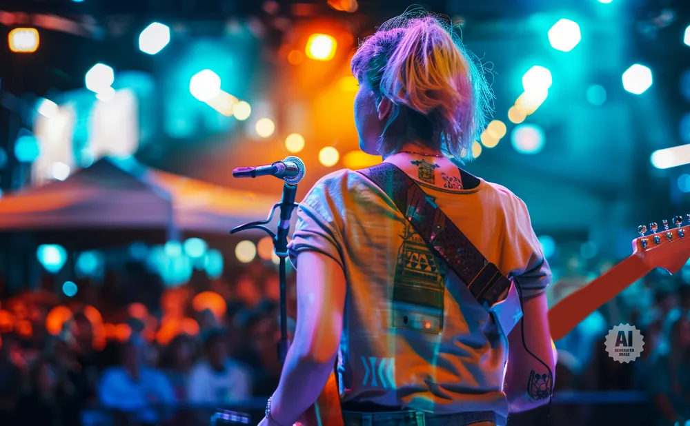 A person with a guitar performs on stage in front of a blurred crowd, illuminated by colorful stage lights.
