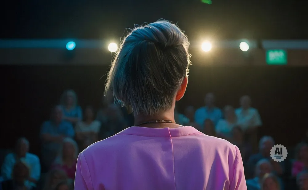 Back of a person in a pink jacket addressing an audience in a dimly lit venue with stage lights.