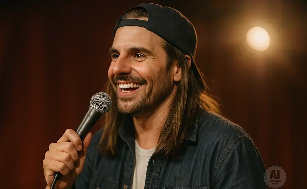A man with long hair, a baseball cap, and a denim shirt laughs into a microphone.