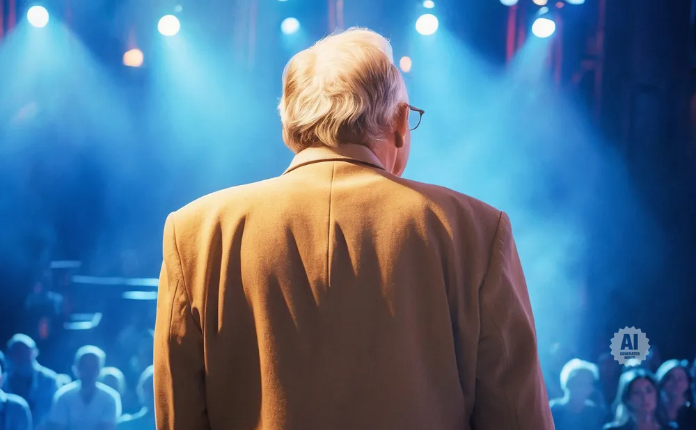 An older man in a tan suit stands on a stage facing away from the camera, illuminated by blue spotlights.