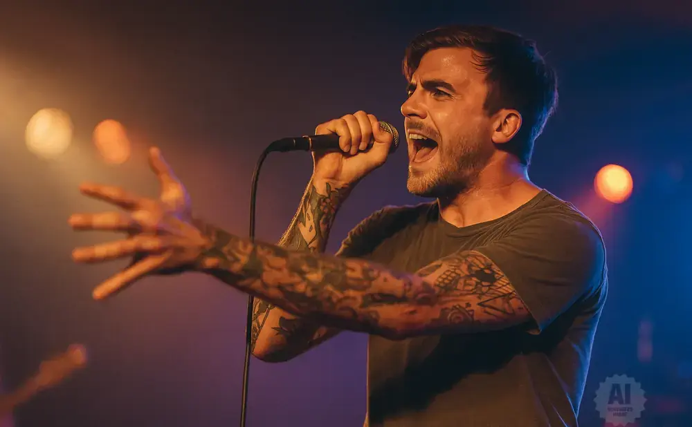 A tattooed man sings into a microphone with his arm outstretched on a dimly lit stage.