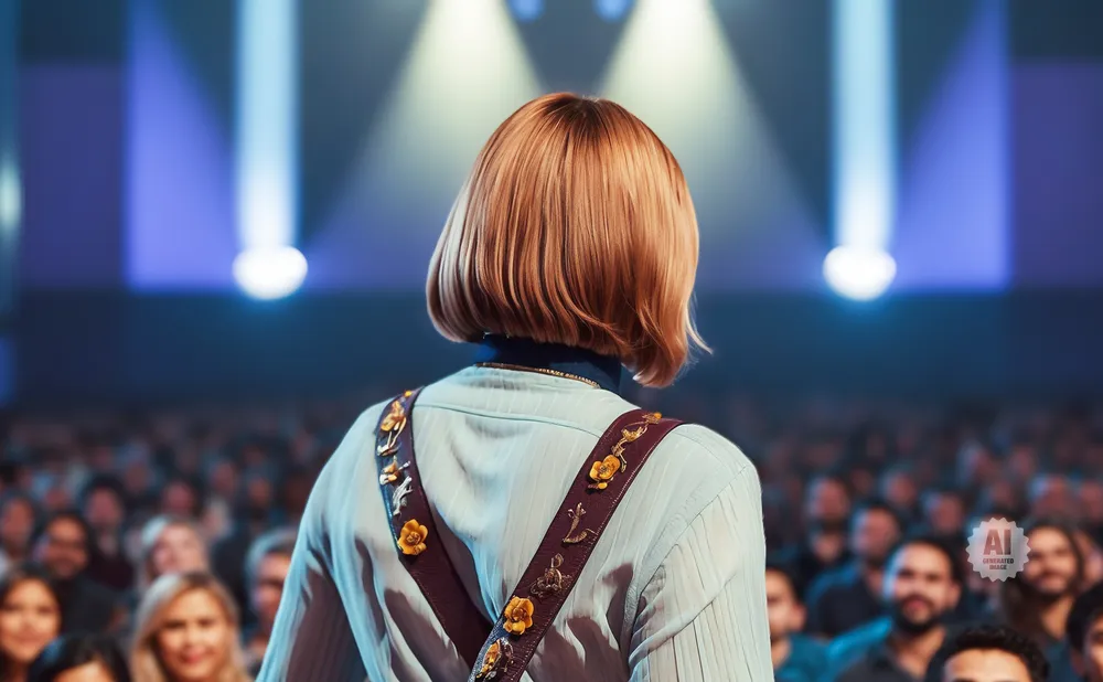 Woman with bob haircut facing away from camera, speaking to a large audience in a venue with bright stage lights.
