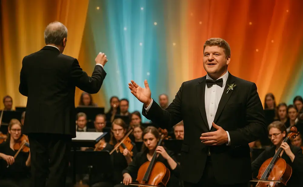A male vocalist in a tuxedo sings with a conductor and orchestra behind him.
