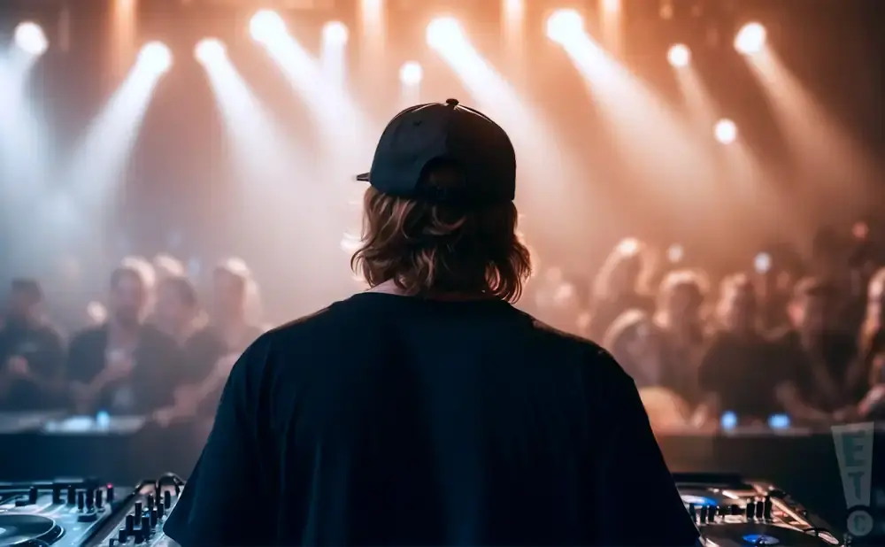 A DJ in a black t-shirt and baseball cap plays music for a crowd at a concert.